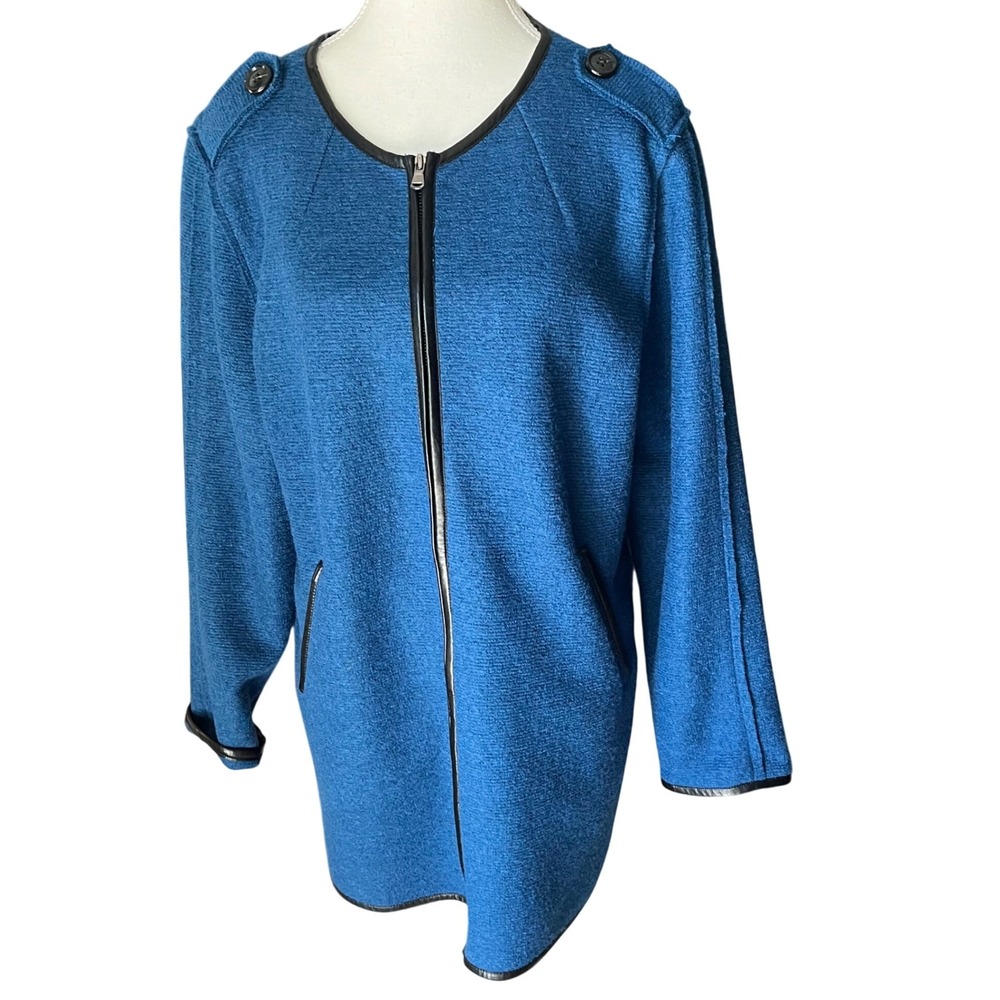 Chicos Boiled Wool Jacket Womens Sz 2 L Blue Faux Leather Trim Zip Front Blazer